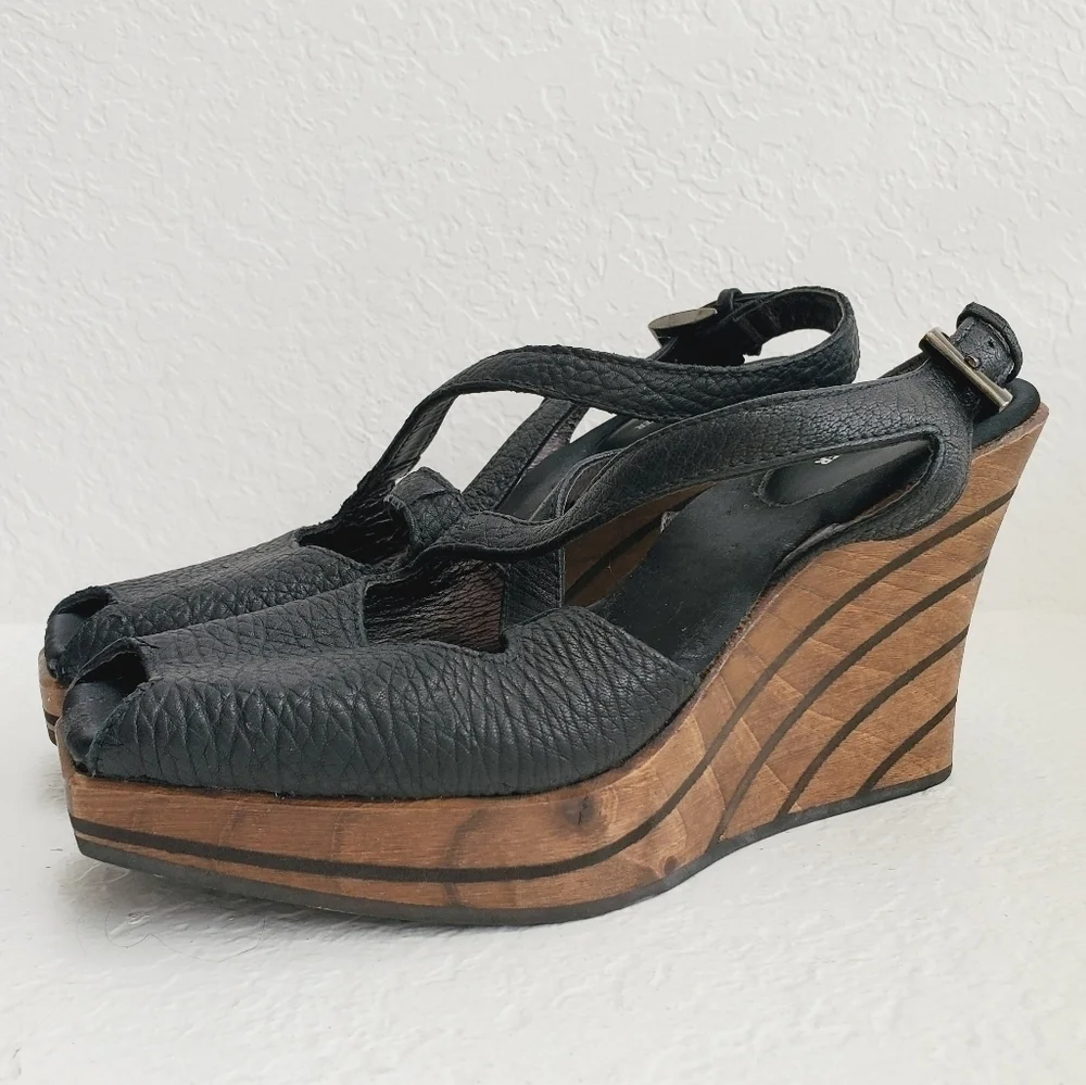 Rebeca Sanver Spain Y2K Leather Chunky Wedge Wood Platform Sandals 40EU
